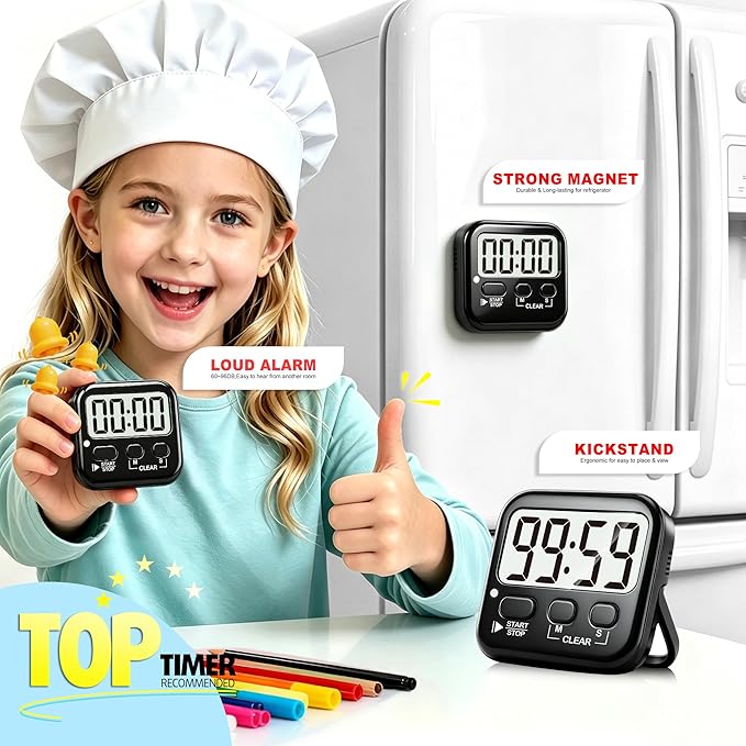 Antonki 2 Pack Digital Timer for Kids, Magnetic Countdown Kitchen Timers for Cooking, Egg, Classroom, Teacher, Exercise, Study, Oven - Battery Included