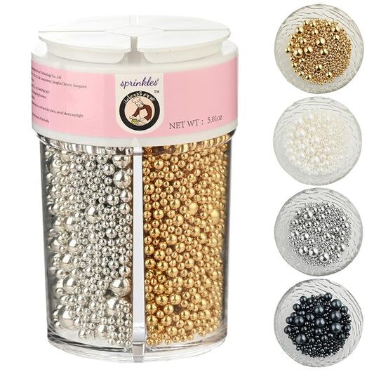 Homankit Edible Pearl Sprinkles for Baking, Gold Silver Black and White Sugar Pearls Cake Decorations for Cupcake Toppers Cookie Decorating Birthday Party Wedding Valentines Christmas Supplies