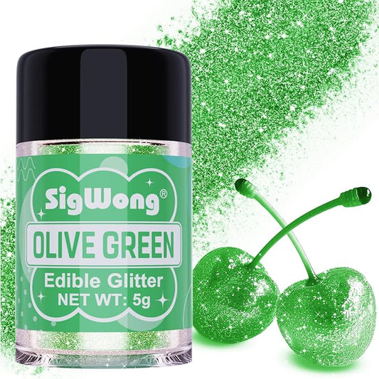 Olive Green Edible Glitter - 5g Food Grade Cake Decorating Shimmering Glitter, Edible Sprinkle Luster Dust for Drinks, Chocolates, Fondant, Strawberries, Cupcakes, Candy, Easter Cookie - Vegan