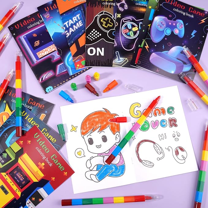 BenLouis 12 Video Game Mini Coloring Books Kids with 12 Stacking Crayons Gaming Party Favors Small Activity Books Bulk for Kids Boys Neon Game Level Up Party Gift Goodie Bag Stuffers