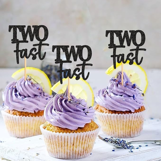 Ercadio 24 Pack Two Fast Cupcake Toppers Glitter Black Two Fast Cupcake Picks Racing Car Cake Topper Baby Shower Race Car 2nd Birthday Party Cake Decors Supplies