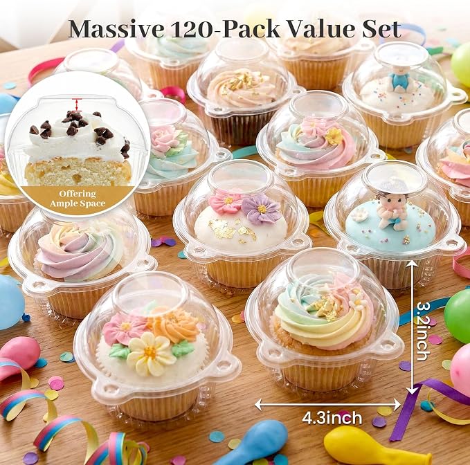 VGOODALL 120PCS Individual Cupcake Containers, 4.3 X 3.2 Inches Plastic Cupcake Holders With Lid for Wedding Baby Shower Birthday Party Supply