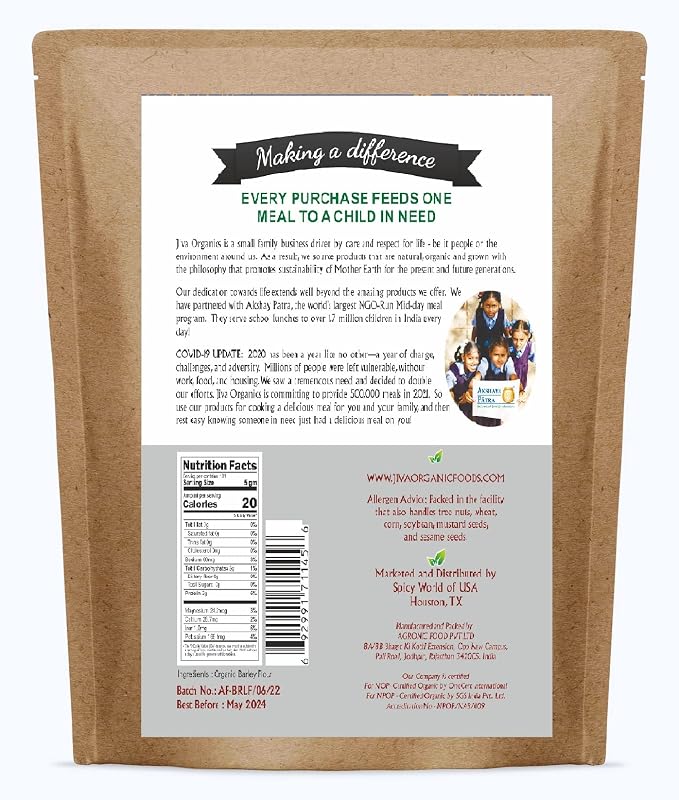 Jiva Organic Barley Flour 2 Pound - All Natural & Raw - Product of India