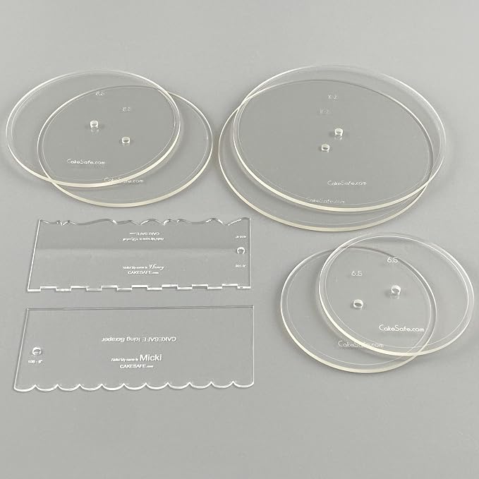 CAKESAFE Essential Cake Decorating Acrylic Disk Kit - 3 Sets - Round 6.5", 8.5", 10.5" Disks Sets (2 disks per size), 2-8" Icing Scrapers with 1 Scraper Edge and 3 Cake Comb Patterns