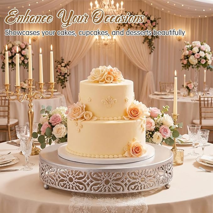 Wenqik 16 Inch Cake Stand Round Metal Cupcake Dessert Wedding Cake Stand Cookies Display Holder Fruit Food Serving Tray for Table Wedding Birthday Anniversary Party Decor (Silver)