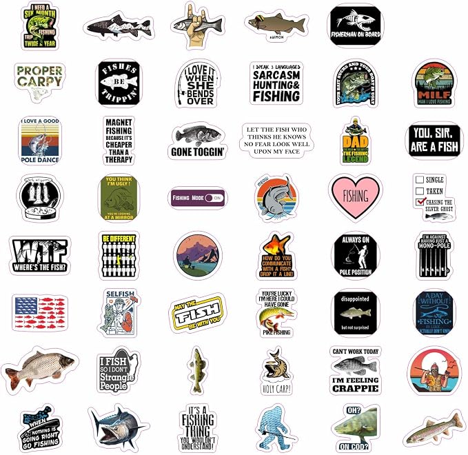 100Pcs Funny Fishing Stickers — Fisherman Decals for Laptops, Water Bottles, Scrapbooking — Fishing Gifts for Men & Women, Laptop Decals, Gifts for Women & Men