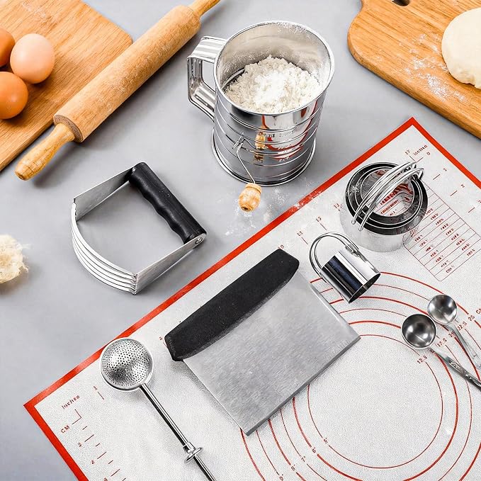 10 Pcs Stainless Steel Pastry Biscuit Cutter Set Include 3 Cup Flour Sifter Biscuit Cutter Pastry Scraper Dough Scraper Silicone Baking Mat Fine Mesh Strainer for Cooking Cookies Donuts Cake