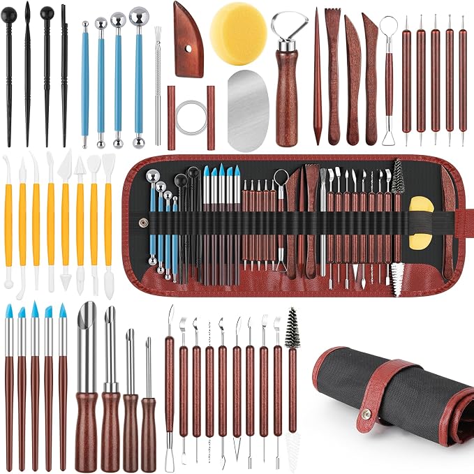 52PCS Pottery Tools Kit for Sculpting, Ceramic Tools, Clay Carving Tools for Polymer Clay, Modeling, Trimming, Molding, Shaping, Pottery Kiln, Arts Crafts Supplies, Adults, Students, Beginners, Pros