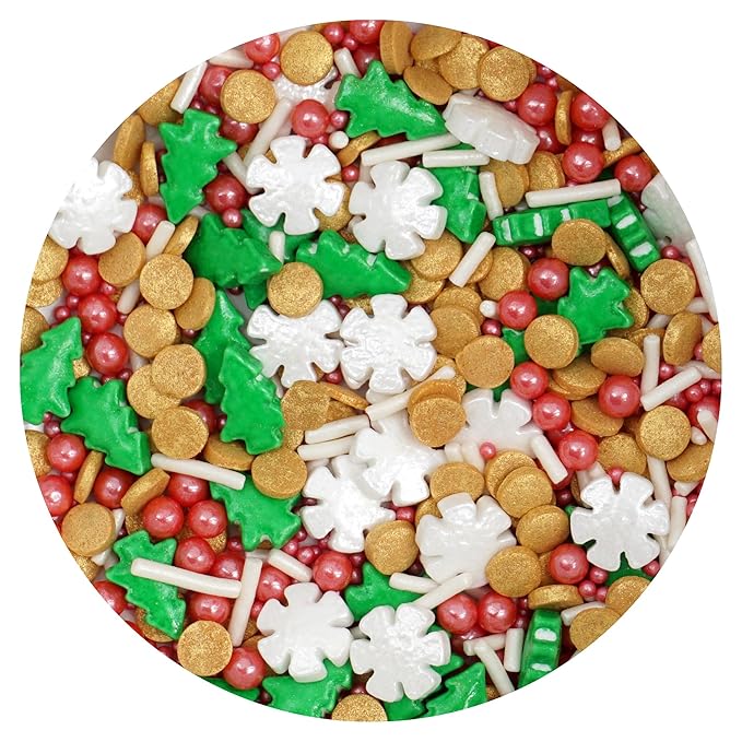 Trees & Snowflakes Red, White, Gold and Green Sprinkles Mix 4.4 oz, Christmas Sprinkles For Cake Decorating, Baking, Ice Cream & More, The Hampton Candy Company