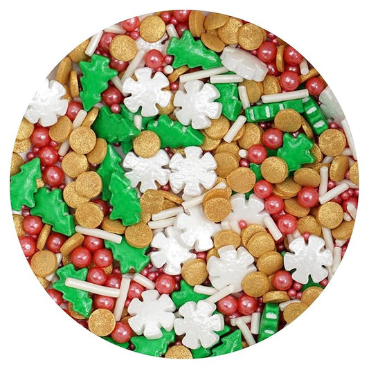 Trees & Snowflakes Red, White, Gold and Green Sprinkles Mix 4.4 oz, Christmas Sprinkles For Cake Decorating, Baking, Ice Cream & More, The Hampton Candy Company