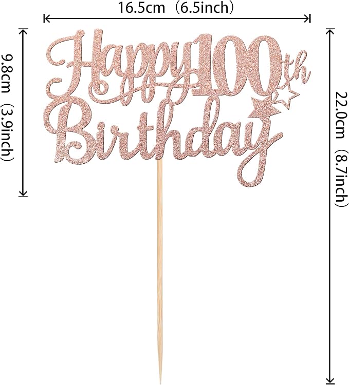 1 PCS Happy 100th Birthday Cake Topper Glitter Cheers to 100 Years Cake Pick Number 100 Fabulous Cake Decoration for 100th Birthday Theme Party Decorations Supplies Rose Gold
