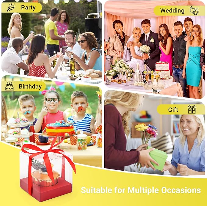 EUSOAR Cupcake Boxes Individual, 50 Pcs 3.5 Inch Clear Muffins Cupcake Containers with Inserts and Gift Ribbon, Dessert Pastry Holder Disposable Cookies Wrappers for Wedding Party Favor Bakery