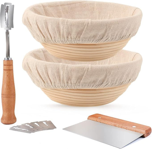 DOYOLLA Proofing Baskets for Sourdough Bread Making, Dough Proofing Bowls Kit with Cloth Liner + Scoring Lame + Scraper for Professional & Home Sourdough Bakers (Round,8.5 inch,Set of 2)