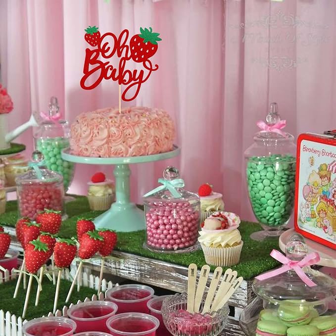 1 PCS Strawberry Oh Baby Cake Topper Glitter Baby Shower Strawberry Cake Pick Fruit Theme Oh Baby Cake Decoration for Baby Shower Kids Boys Girls Birthday Party Decorations Supplies Red