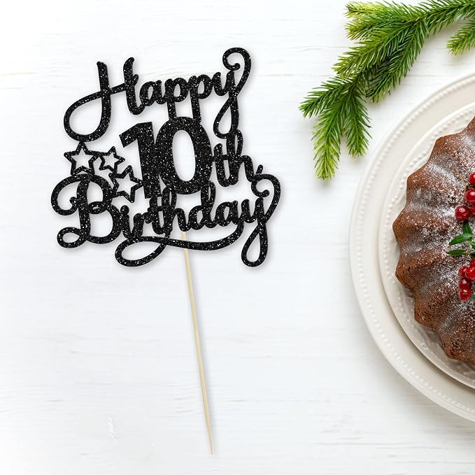 1 Pack Happy 10th Birthday Cake Topper Glitter Heart Star 10 Fabulous Cake Pick Birthday Sign Cake Decorations for Children 10th Birthday Theme Party Supplies Black
