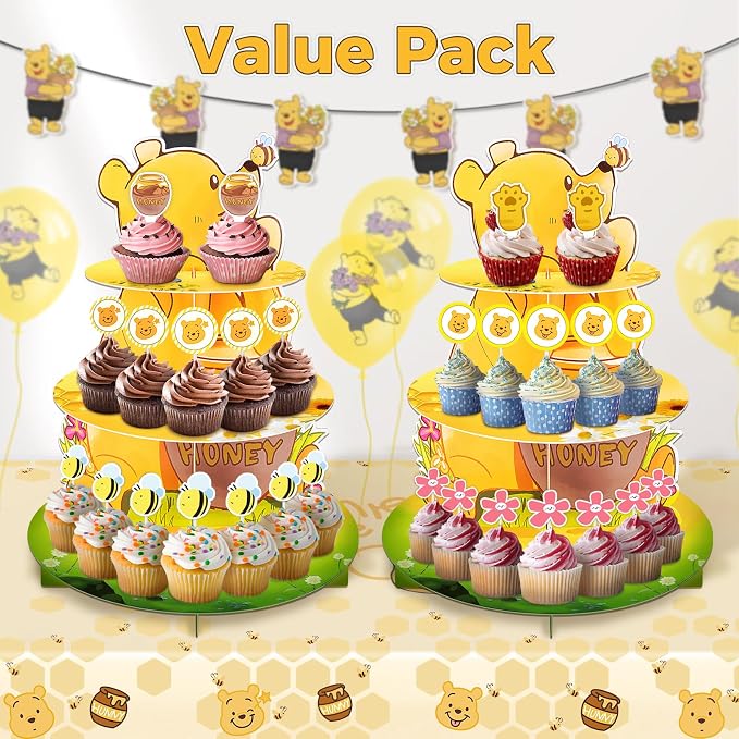 BACUTHY 2 Pack Winnie Baby Shower Decorations Birthday Cupcake Stands: Bear Party Theme Cake Stand Toppers Supplies for Girl Boy Kids Gender Reveal First Party - Hold 48pcs Cupcakes Table Decors