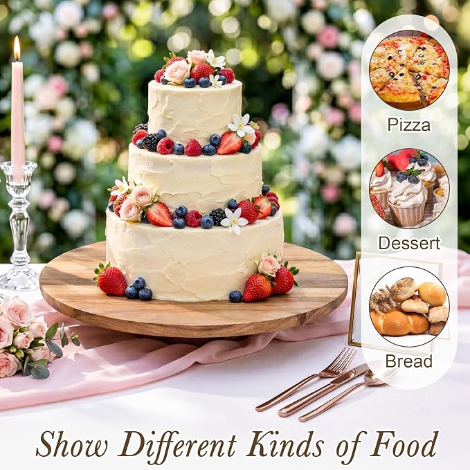 Gisafai 14 Inch Acacia Rotating Cake Stand Rustic Wood Pedestal Stands Turntable with 2 Icing Spatulas 3 Smoothers Wooden Cupcake Dessert Display for Wedding Party Decoration