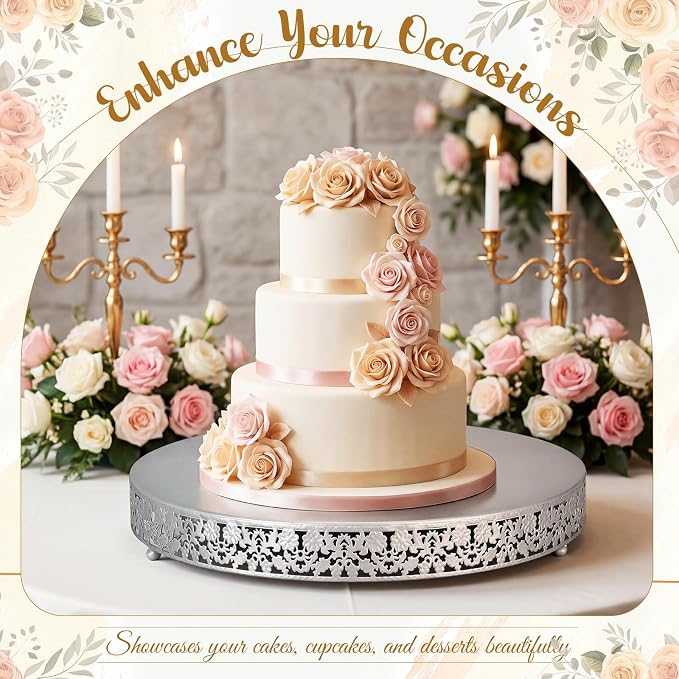Wenqik 18 Inch Silver Cake Stand Set Metal Round Cupcake Dessert Stand with Cake Cutting, Flower Spatula Wedding Cupcake Pastry Display Candy Holder Display for Wedding Party Birthday Baby Shower