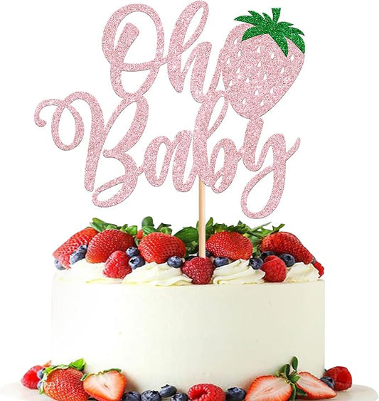1 Pack Sweet Oh Baby Cake Topper Glitter Strawberry Cake Pick Fruit Berry Cake Decoration for Summer Baby Shower Kids Birthday Party Supplies Pink
