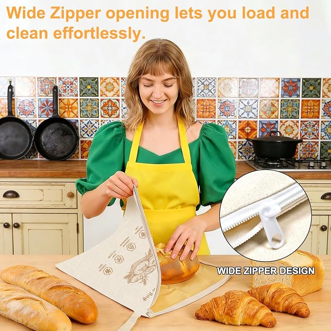 New Zipper Beeswax Bread Bags for Sourdough, 13x17" Reusable Bread Bag | Breathable Bees Wax Bread Bag with Wide Zipper, Freezer Safe Beeswax Bags for Bread, Homemade Bread Storage