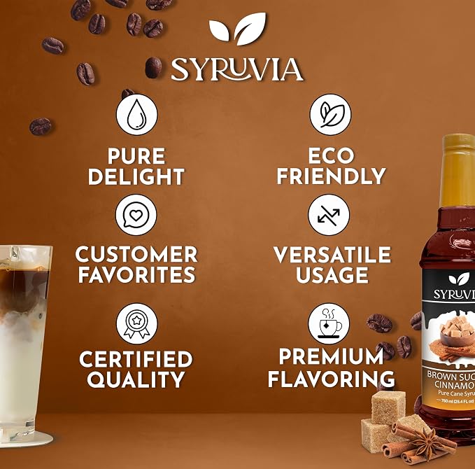 Syruvia Coffee Syrup, Brown Sugar Cinnamon Flavored Syrup for Drinks, Lattes, and Desserts – 25.4 fl oz - with Pump
