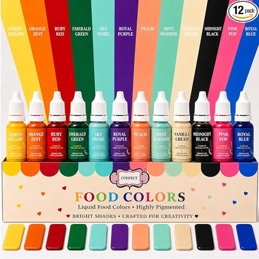 Confect Core Baking Water Color Food Coloring Set – Highly Pigmented Oil Based Food Colors for Cakes, Buttercream, Drinks, Popsicles & Baking – 12 Pack × 10mL