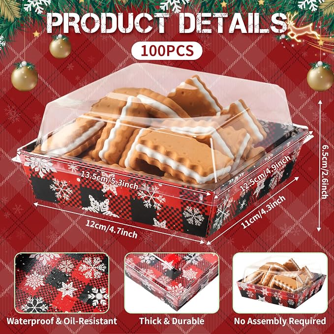 Potchen 50 Pack Bakery Boxes with Clear Lids, Disposable Charcuterie Treat Boxes for Cookies, Donuts, Cupcakes, Candy and Mini Cake, Party Favor for Wedding and Gift Giving (Red and Black Snowflakes)