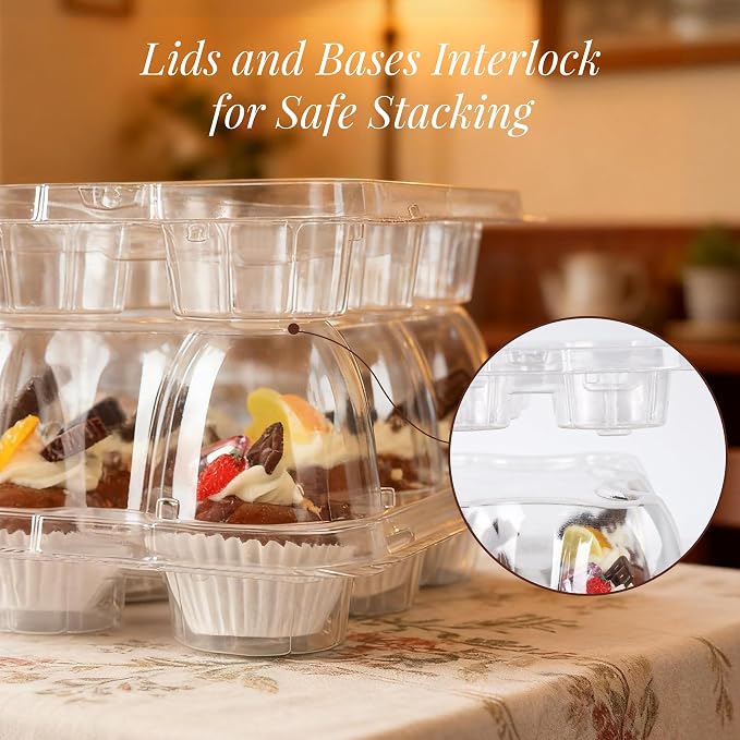 12 Count Mini Cupcake Containers 20 Sets with 240 Pack Cupcakes Liners, Plastic Cupcake Holder, Stackable Mini Cupcake Boxes Carrier, Clear Disposable Cupcake Trays, High Dome
