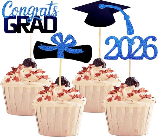 YuBoBo 2026 Graduation Cupcake Toppers, 48 PCS Food/Appetizer Picks For Graduation Party Mini Cake Decorations, Diploma, 2026, Grad Cap Set 48 Pieces (02 Blue)