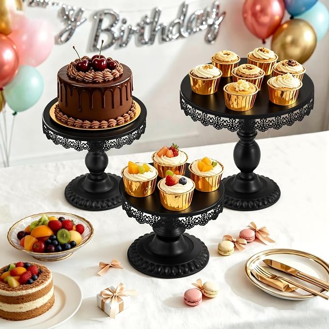 3 PCS Black Cake Stands (8"&10"&12" Plate), Cupcake Stand with a lace Hollow Border Metal Cake Stand Set for Birthday Party, Wedding, Anniversary, Baby Shower