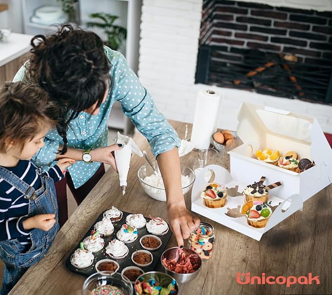 UnicoPak 20 Pack White Cupcake Boxes with Handle Tray - 4" Tall Large Muffin Boxes for 6 Cupcakes - Professional Food-Grade Cardboard Window Boxes for High Frosting, Toppers & Jumbo Treats