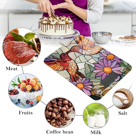 Brown Hummingbirds Purple Daisy Stained Glass Food Scale Kitchen Digital Scale Food Ounces and Grams Dieting Baking Cooking Waterproof Glass Panels LCD Display,4 Units Tare Function