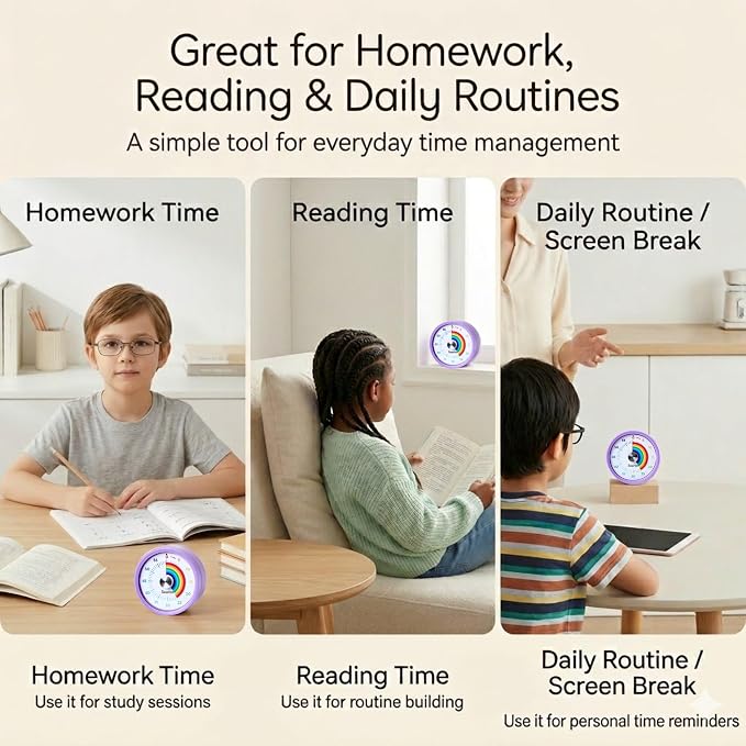 Searon Magnetic Visual Timer for Kids — 3.15" 60-Minute Rainbow Dial Timer for Homework, Study & Morning Routines, Silent LED Mode, Pause Function for ADHD, Kitchen, Cooking & Baking (Purple)