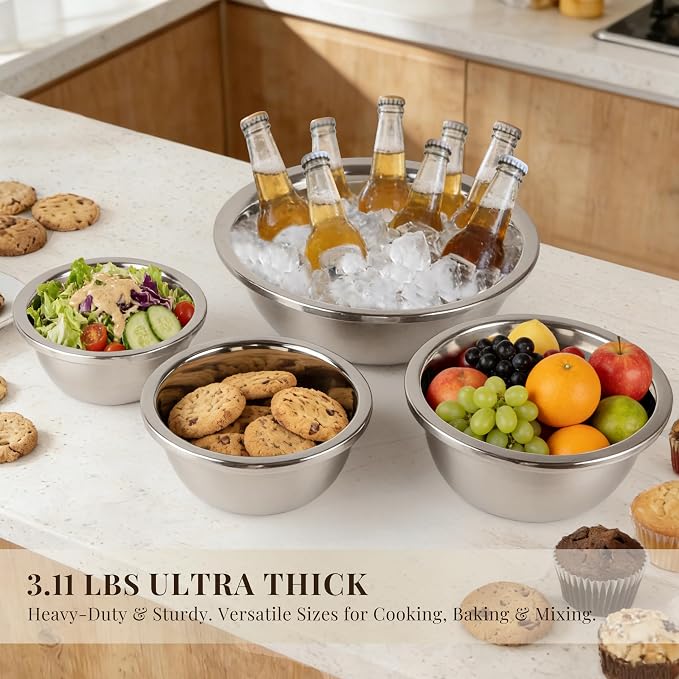 Mixing Bowls Set of 4, Stainless Steel, 7.9-14.2 Inch | Includes 7.9, 8.6, 10.2 and 14.2 inch bowls for baking, mixing dough, preparing salad and everyday kitchen use