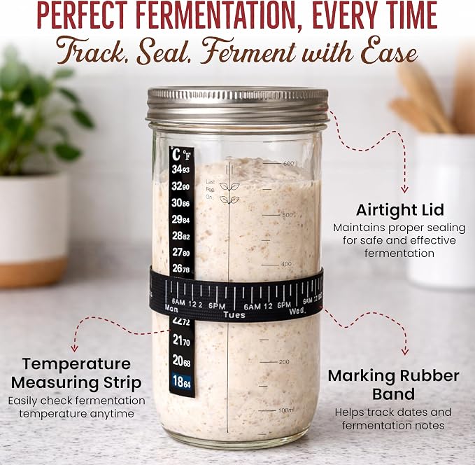 Sourdough Starter Kit with 9" Banneton Basket, 14 Piece Breads Making Set, 24oz Glass Jar, Dough Whisk, Bread Lame with Blades, Silicone Sling & Recipe Book, Complete Sourdough Bread Baking Supplies