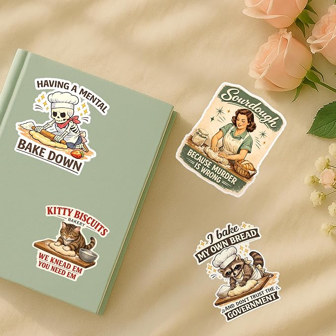 (4 Pcs) Funny Baking Stickers – Waterproof UV DTF Vinyl Baking Stickers for Home Bakers, Funny Baking Stickers for Water Bottles, Scrapbooking, Kitchen Décor, Sourdough & Bakery Lover Sticker Set
