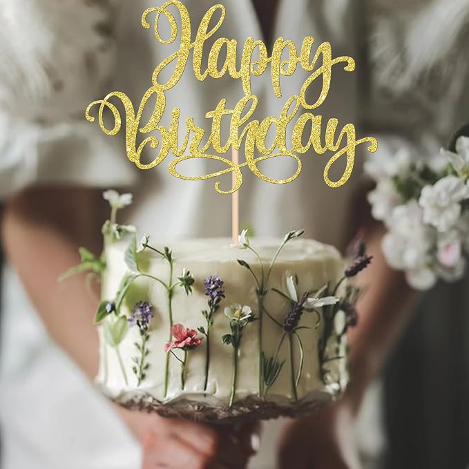 1 PCS Happy Birthday Cake Topper Glitter Happy Birthday Cake Pick Bunting Decor for Anniversary Celebrating Happy Birthday Party Cake Decorations Supplies Gold