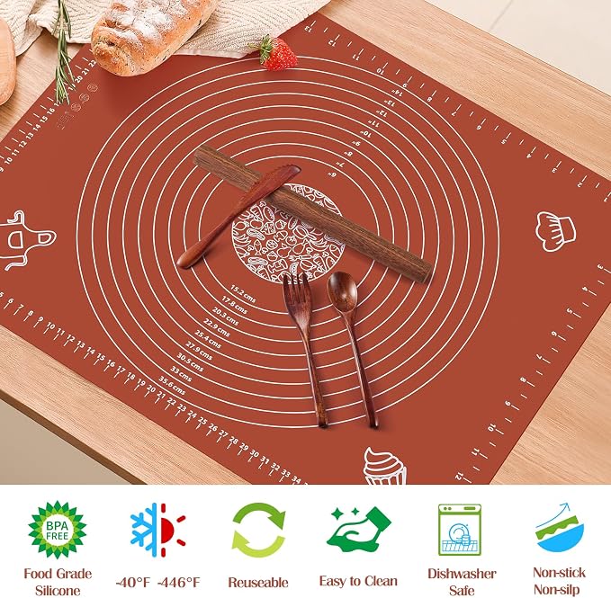 6PCS Silicone Baking Mat Set, Pastry Mat with Measurements Wooden Rolling Pin/Knife/Fork/Spoon/Scraper, Pasta Cutter,Non-slip Silicone Mat, Non-Stick Dough Mat for Counter,Kneading Mat Set,20"*16"