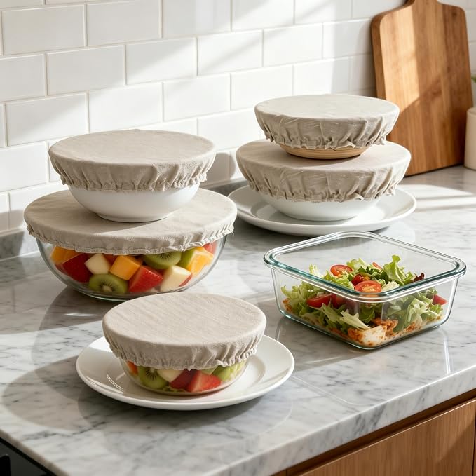 5 Pack Reusable Bowl Covers for Bread Proofing, 4/6/8/10/12 Inch Linen Bowl Covers with Elastic Rim, 100% Natural Organic Linen, Unbleached, Elastic Lids for Sourdough, Dough Proofing and Food Storage