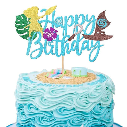 1 PCS Moana Happy Birthday Cake Topper Glitter Palm Leaf Flower Moana Cake Pick for Tropical Hawaiian Luau Theme Baby Shower Kids Birthday Party Cake Decorations Supplies Blue