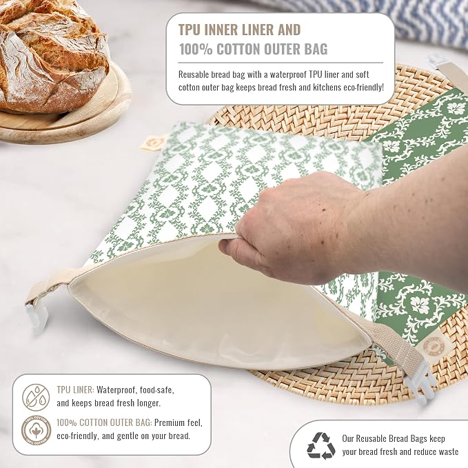 Cozy Bread® Reusable Bread Bag Set for Home Bakers | USA Brand | Charming Bread Designs (Green Ornamental)