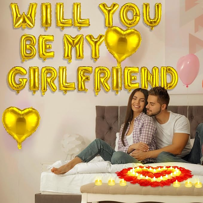 HyDren 18" Will You Be My Girlfriend Balloons Letters Kit Include Heart Shaped Balloons and LED Tealight Candles with Rose Petals Romantic Girlfriend Proposal Kit Valentines Day Decorations(Gold)