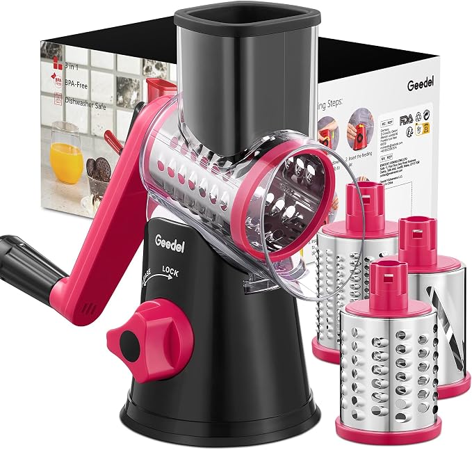 Geedel Rotary Cheese Grater, Kitchen Mandoline Vegetable Slicer with 3 Interchangeable Blades, Easy to Clean Rotary Grater Slicer for Cheese, Vegetables, Nuts