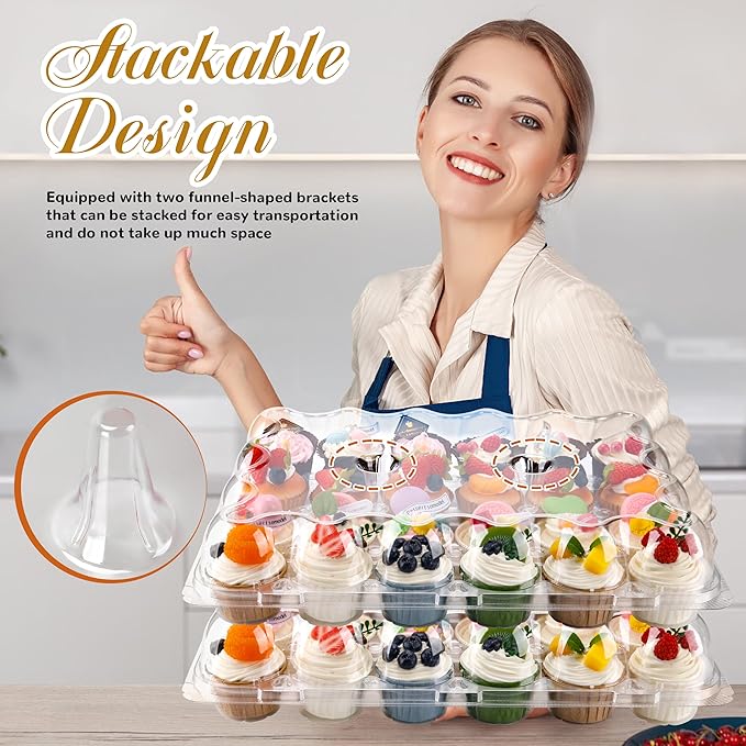 NPLUX 24 Count Cupcake Containers 15 Pack Cupcake Holders with Detachable Tall Dome Lids Clear Plastic Stackable Cupcake Boxes for 360 Cupcakes, BPA Free, Standard Size