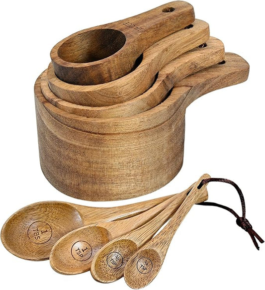 Wooden Measuring Cups and Spoons Set - Eco-Friendly Solid Acacia Wood, Laser Engraved Measurements for Precision, Perfect for Baking & Cooking, Ideal Gift for Bakers, Chefs & Home Cooks (Brown)