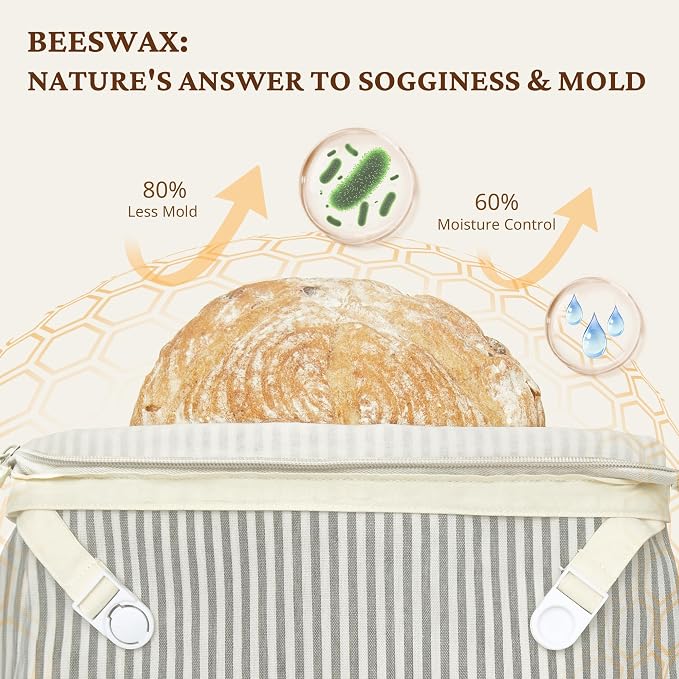BRONYPRO Reusable Beeswax and Linen Bread Bags with Zipper, 2-Pack Waxed Bread Bags for Homemade Bread & Sourdough, Sustainable Sourdough Loaf Storage to Lock in Freshness, Large 17x12.6in, Grey