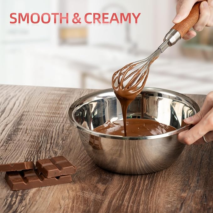 Whisk for Cooking,Stainless Steel Wire Wooden Handle Kitchen Multi Function Non Stick Balloon Whisk Egg Beater for Blending Whisking Beating Frothing Stirring Batters (11"L x 2.1"W)