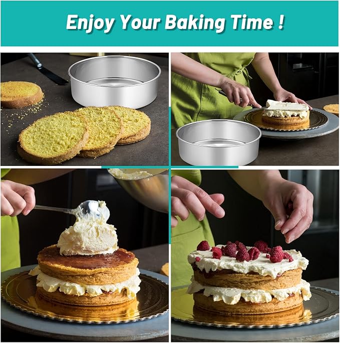 TeamFar 6/8 / 9 Inch Cake Pan, Stainless Steel Round Baking Pan for Cake Brownie Lasagna, Non-Toxic & Heavy Duty, 3” Deep Wall & One Piece, Smooth & Dishwasher Safe-Set of 3