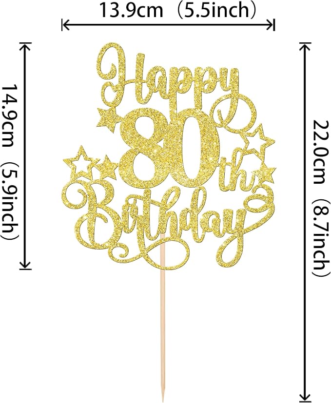 1 PCS Happy 80th Birthday Cake Topper Glitter Cheers to 80 Years Birthday Cake Pick Hello 80 Fabulous Cake Decoration for Happy 80th Birthday Anniversary Party Decorations Supplies Gold