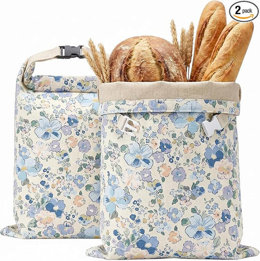 Bread Bags for Homemade, Natural Beeswax Bread Bag 2 Pack XL 13x17 Inch, Reusable Organic Cotton Linen Storage Bags, Beeswax Bread Bags for Sourdough, Keeps Bread Fresh Longer (Little Blue Flower)